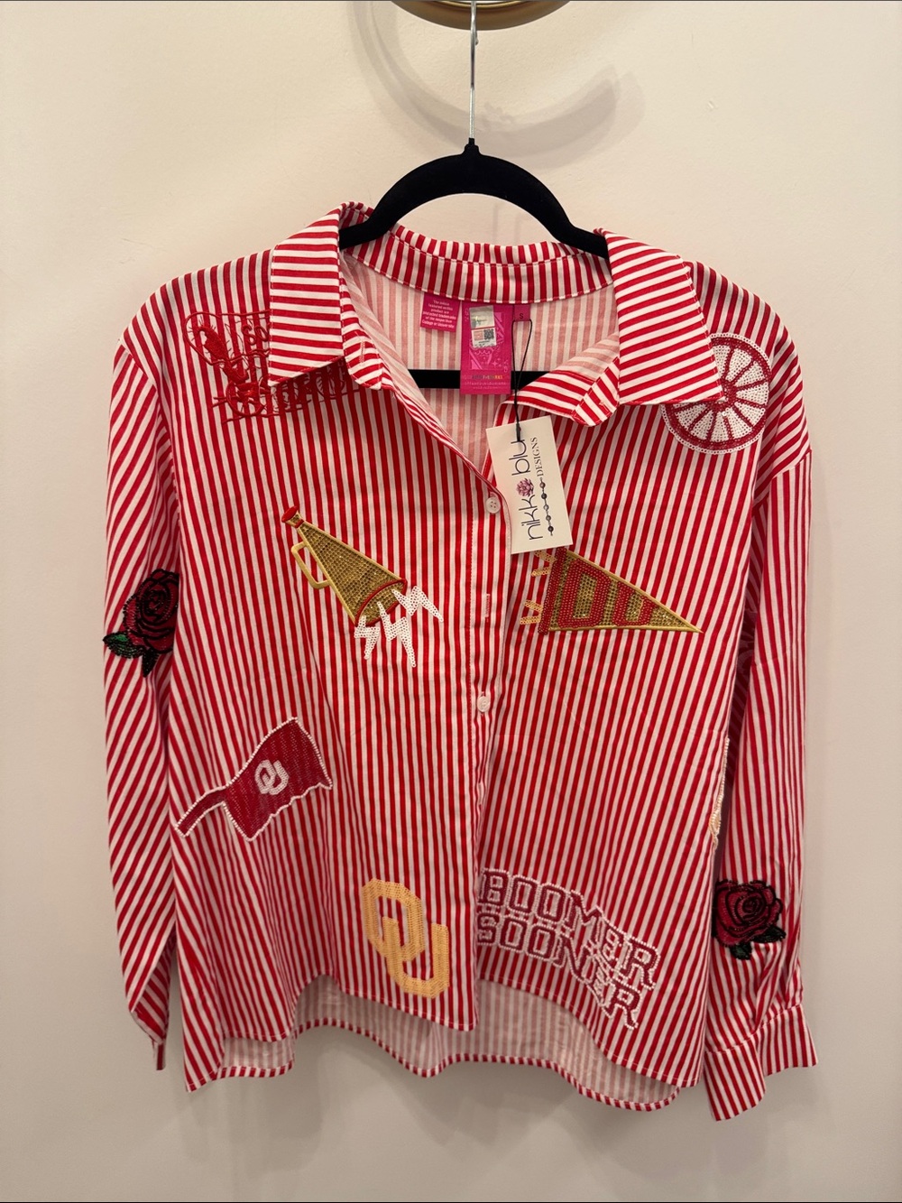 QUEEN OF SPARKLES Red & White Striped Embroidered Button-Down Shirt